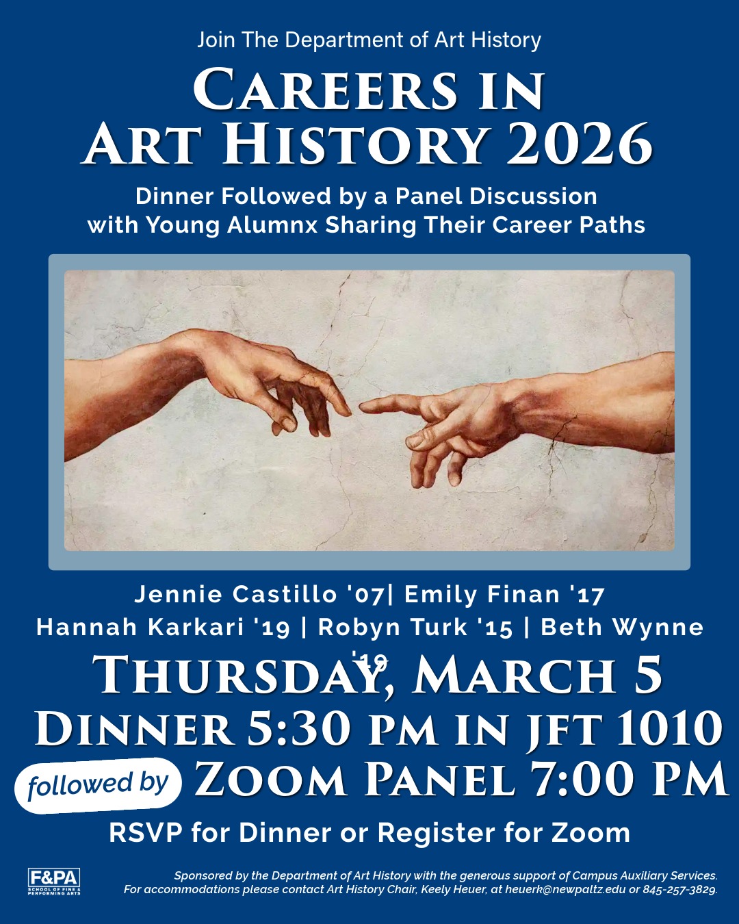 Careers in Art History 2026 flyer with text and image detail from The Creation, Sistine Chapel Ceiling by Michelangelo
